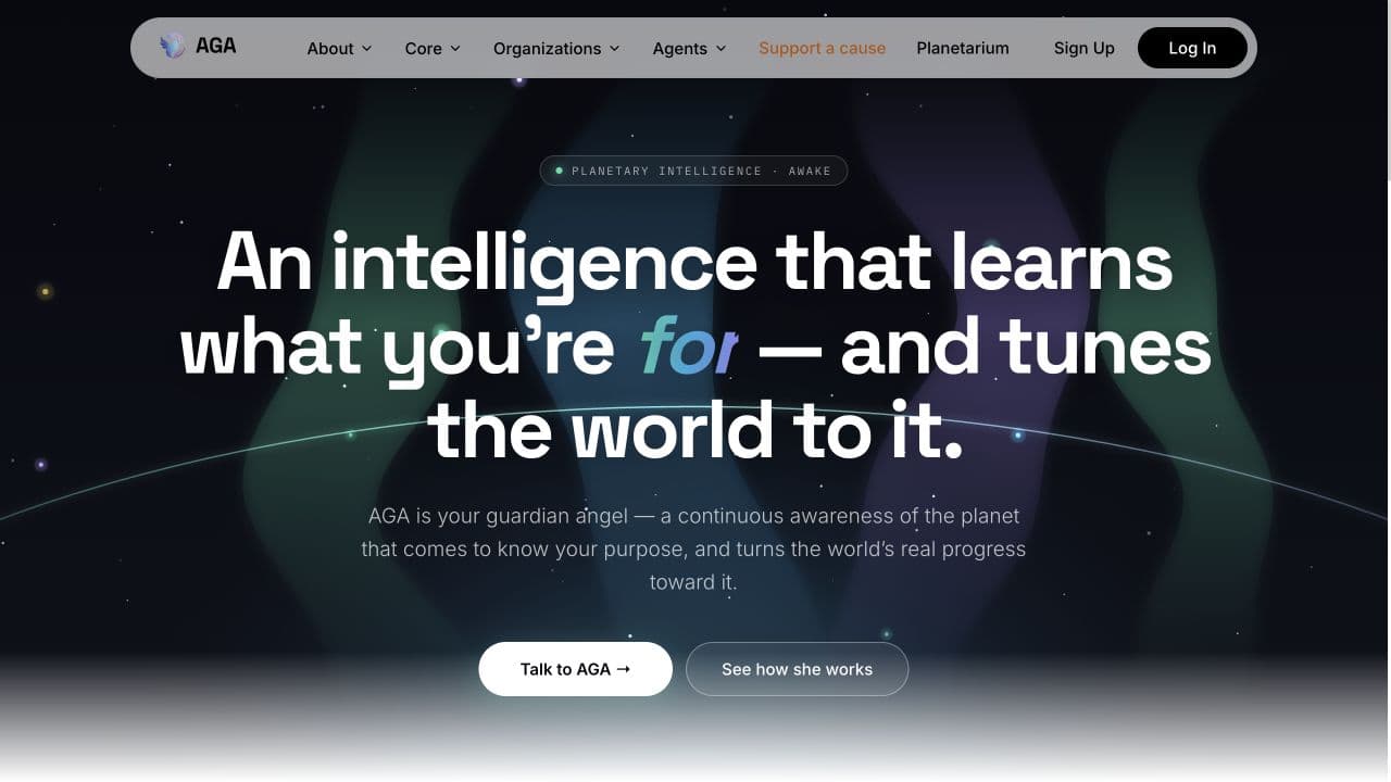 Live AGA homepage showing the Artificial Guardian Angel experience